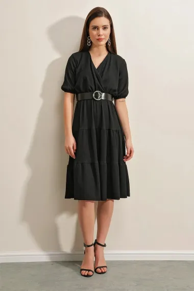 Women's Black V-Neck Elastic Waist Black Belted Knitted Dress HZL23S-BD123771 - photo 4