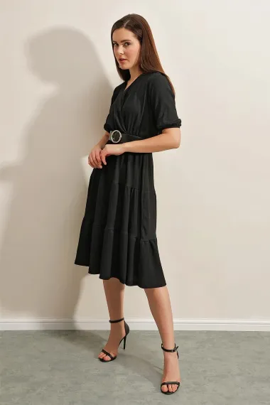 Women's Black V-Neck Elastic Waist Black Belted Knitted Dress HZL23S-BD123771 - photo 3