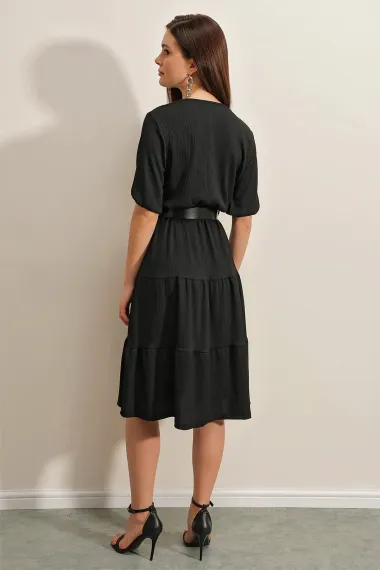 Women's Black V-Neck Elastic Waist Black Belted Knitted Dress HZL23S-BD123771 - photo 5