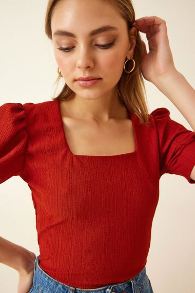 Женский свитер с квадратным вырезом, цвет кирпичный, 93% полиэстер, 7% лайкра, размер 38, длина 54 см - фото 5