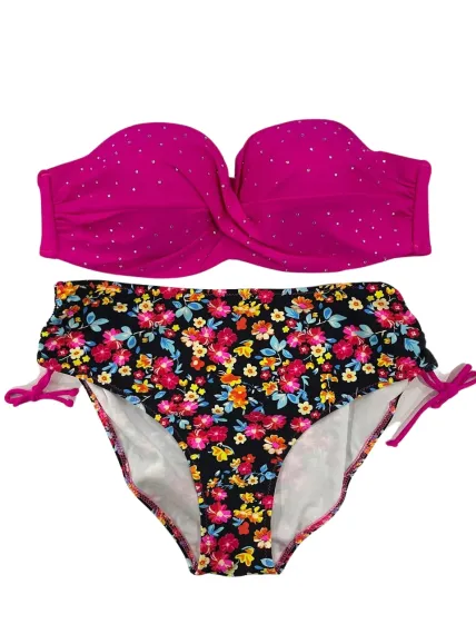Kadın Fuşya Çiçek Desenli Taş İşlemeli Büyük Beden Astarlı Bikini Takım HZL25S-LC3312 - photo 3