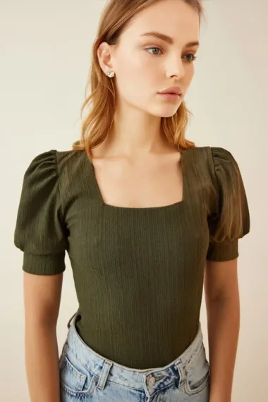 Kadın Haki Kare Yaka Örme Bluz Hzl22w-bd104091 - fotoğraf 2