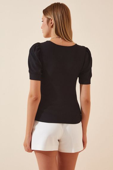 Жіноча чорна в'язана блуза з квадратним вирізом HZL22W-BD104091, 93% поліестер, 7% лайкра, розміри 34-46 - фото 3