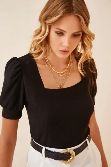 Жіноча чорна в'язана блуза з квадратним вирізом HZL22W-BD104091, 93% поліестер, 7% лайкра, розміри 34-46 - фото 2