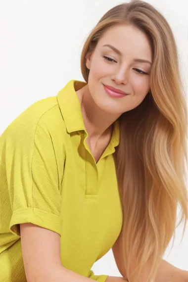 Kadın Fıstık Yeşil Polo Yaka Geniş Kesim Örme Bluz HZL24S-BD104861 - photo 3