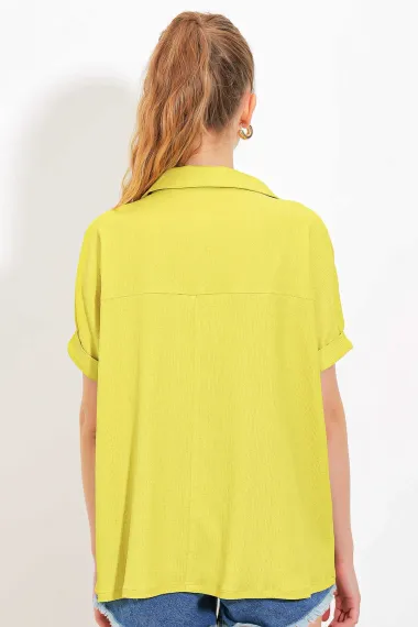 Kadın Fıstık Yeşil Polo Yaka Geniş Kesim Örme Bluz HZL24S-BD104861 - photo 5