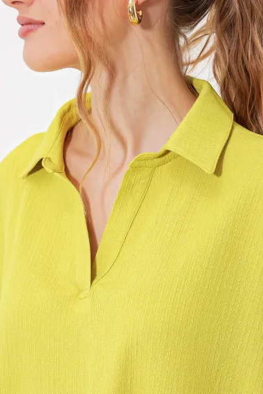 Kadın Fıstık Yeşil Polo Yaka Geniş Kesim Örme Bluz HZL24S-BD104861 - photo 4