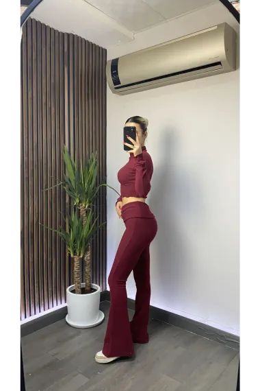 Kadın Bordo Bluz ve Bel Katlamalı İspanyol Paça Pantolon Yumoş Takım HZL25W-ZK13501 - صورة 3