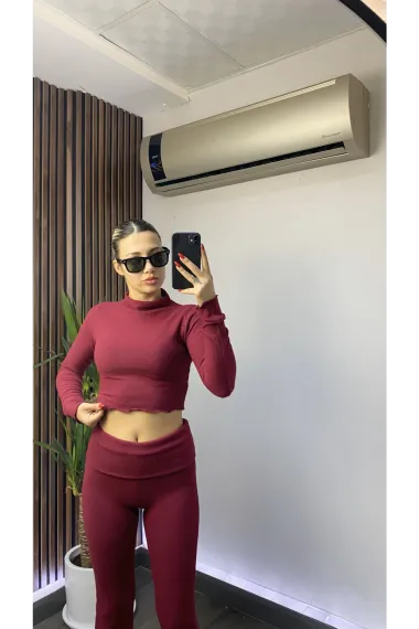 Kadın Bordo Bluz ve Bel Katlamalı İspanyol Paça Pantolon Yumoş Takım HZL25W-ZK13501 - صورة 2