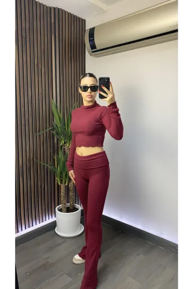 Kadın Bordo Bluz ve Bel Katlamalı İspanyol Paça Pantolon Yumoş Takım HZL25W-ZK13501 - صورة 1
