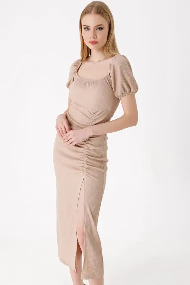 Жіноча бежева літня в'язана сукня з розрізом, 96% поліестер, 4% еластан, розмір M/38, вироблено в Туреччині - фото 3