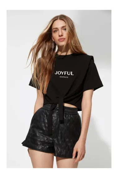Women's Black Text Printed Oversize Padded Waist Detail Knitted T-Shirt HZL23S-DSB120231 - photo 1