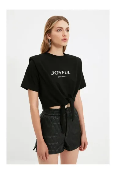 Women's Black Text Printed Oversize Padded Waist Detail Knitted T-Shirt HZL23S-DSB120231 - photo 2