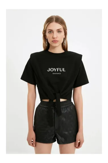 Women's Black Text Printed Oversize Padded Waist Detail Knitted T-Shirt HZL23S-DSB120231 - photo 3