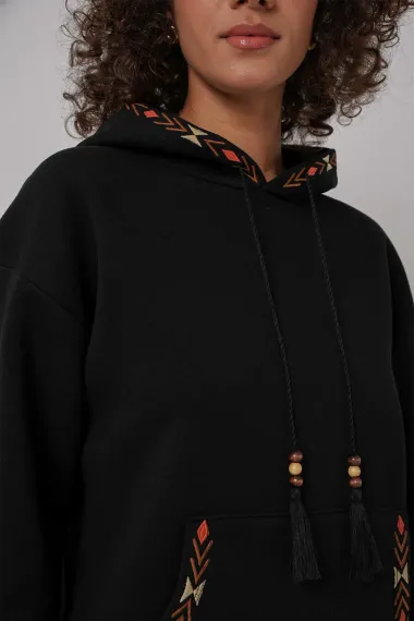 Women's Black Ethnic Patterned Hooded Oversized Sweatshirt with Fleece Lining - photo 5