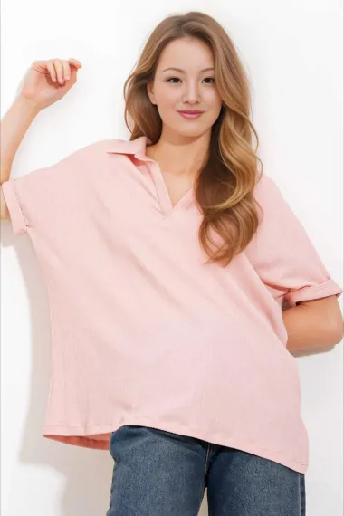 Kadın Pudra Pembe Polo Yaka Geniş Kesim Örme Bluz HZL24S-BD104861 - fotoğraf 2