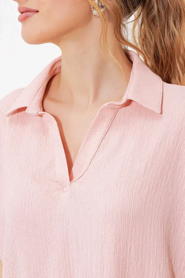 Kadın Pudra Pembe Polo Yaka Geniş Kesim Örme Bluz HZL24S-BD104861 - fotoğraf 3
