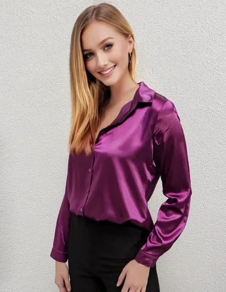 Kadın Mor Saten Yüzeyli Tesettür Gömlek HZL25W-BD139641 - photo 2