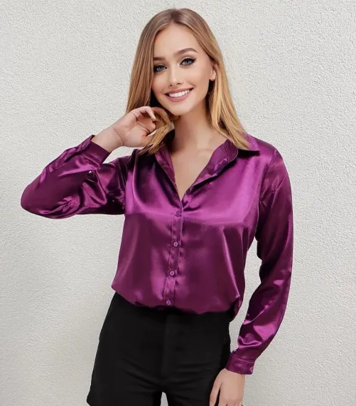 Kadın Mor Saten Yüzeyli Tesettür Gömlek HZL25W-BD139641 - photo 1