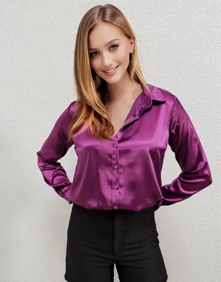 Kadın Mor Saten Yüzeyli Tesettür Gömlek HZL25W-BD139641 - photo 3