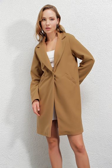 Women's Mustard Single Button Double Pocket Lined Stylish Cashmere Coat HZL23W-BD190851 - photo 5
