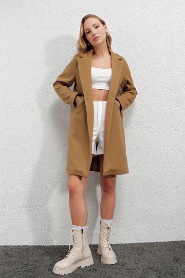 Women's Mustard Single Button Double Pocket Lined Stylish Cashmere Coat HZL23W-BD190851 - photo 1