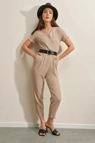 Kadın Bej Beli Lastikli V Yaka Deri Kemerli Örme Tulum HZL23S-BD170221 - fotoğraf 3