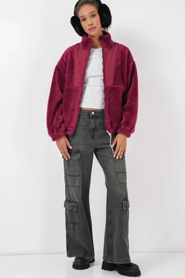Жіноча бордова куртка-бомбер з блискавкою, штучної шерсті, з підкладкою, легка, зручна, розмір S/36, 100% поліестер - фото 1