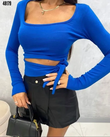 Жіночий блузон з V-образним вирізом, на талії з зав'язкою, кольору синій, з кашкорсе, з еластичної тканини