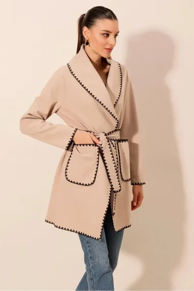 Women's Beige Embroidery Detailed Belted Waist Buttonless Unlined Cashmere Coat HZL24W-BD191301 - photo 4