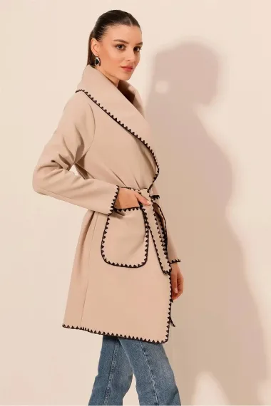 Women's Beige Embroidery Detailed Belted Waist Buttonless Unlined Cashmere Coat HZL24W-BD191301 - photo 5