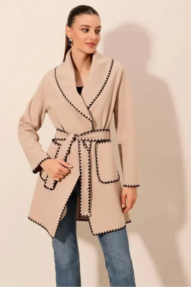 Women's Beige Embroidery Detailed Belted Waist Buttonless Unlined Cashmere Coat HZL24W-BD191301 - photo 2