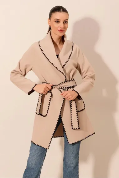 Women's Beige Embroidery Detailed Belted Waist Buttonless Unlined Cashmere Coat HZL24W-BD191301 - photo 1