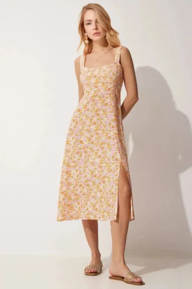 Women's Yellow Orange Square Collar Floral Summer Viscose Dress HZL23S-BD122821 - photo 2