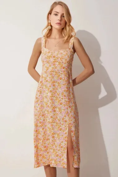 Women's Yellow Orange Square Collar Floral Summer Viscose Dress HZL23S-BD122821 - photo 3
