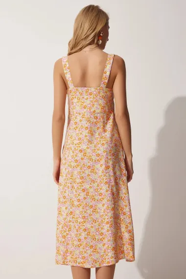 Women's Yellow Orange Square Collar Floral Summer Viscose Dress HZL23S-BD122821 - photo 4