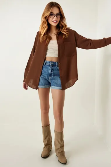 Kadın Kahverengi Tek Cepli Oversize Keten Ayrobin Gömlek HZL24S-BD1201531 - фото 2