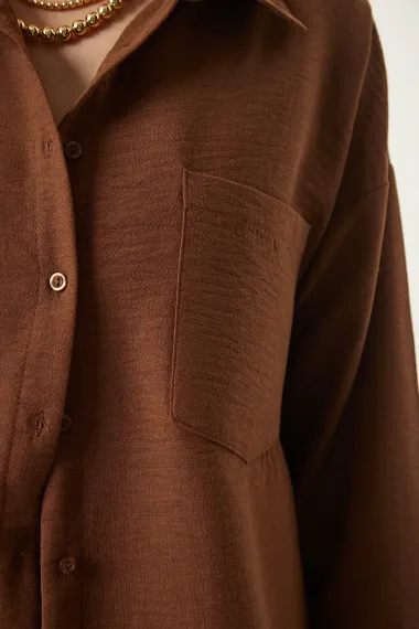 Kadın Kahverengi Tek Cepli Oversize Keten Ayrobin Gömlek HZL24S-BD1201531 - фото 5