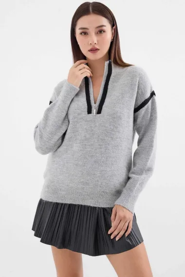 كنزة بليسية رمادية للسيدات مزودة بسحاب، قبة مرتفعة، تصميم واسع، قماش أكريليكي مريح، مناسبة لجميع الأعمار - صورة 1