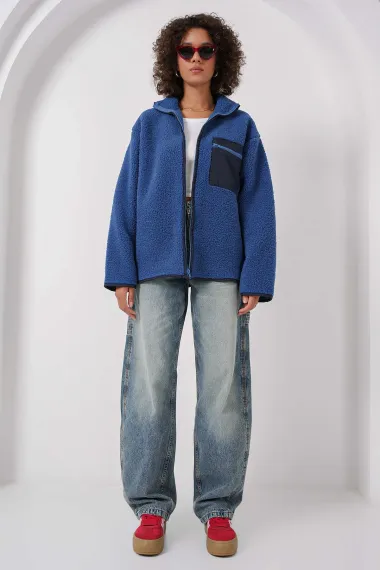 Kadın Lacivert Cep Detaylı Fermuarlı Oversize Peluş Sweatshirt HZL25W-FRY1554461 - fotoğraf 5