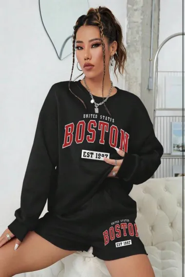 Kadın Siyah 3 İplik Şardonlu Boston Baskılı Şort Sweatshirt Alt Üst Takım  HZL24W-FRY121221 - fotoğraf 2