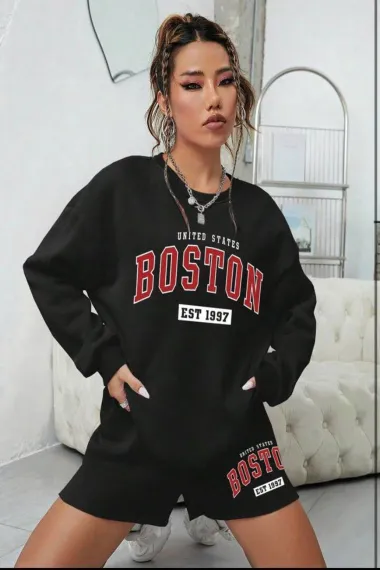 Kadın Siyah 3 İplik Şardonlu Boston Baskılı Şort Sweatshirt Alt Üst Takım  HZL24W-FRY121221 - fotoğraf 1