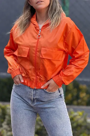 Kadın Oranj Cepli Fermuarlı Kapüşonlu Mevsimlik Mont HZL24W-DSB12501 - fotoğraf 4