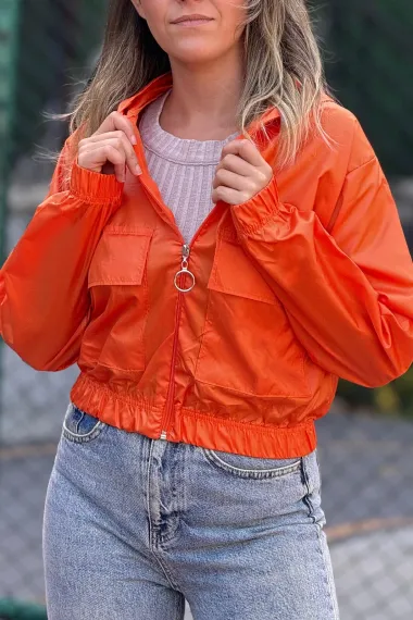 Kadın Oranj Cepli Fermuarlı Kapüşonlu Mevsimlik Mont HZL24W-DSB12501 - fotoğraf 2