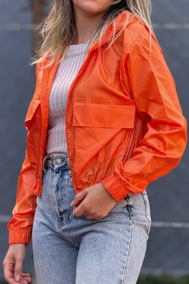 Kadın Oranj Cepli Fermuarlı Kapüşonlu Mevsimlik Mont HZL24W-DSB12501 - fotoğraf 3