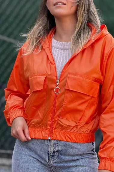 Kadın Oranj Cepli Fermuarlı Kapüşonlu Mevsimlik Mont HZL24W-DSB12501 - fotoğraf 1