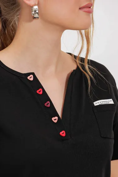 Kadın Siyah Cep Detaylı Düğmeli Kısa Kol T-shirt HZL24S-BD19031 - photo 3