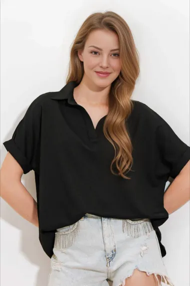 Kadın Siyah Polo Yaka Geniş Kesim Örme Bluz HZL24S-BD104861 - fotoğraf 3