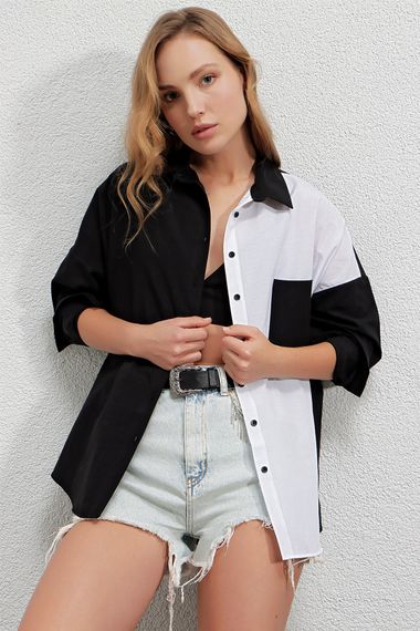 Kadın Siyah Beyaz Renk Bloklu Poplin Basic Gömlek HZL22S-BD1201161 - fotoğraf 2