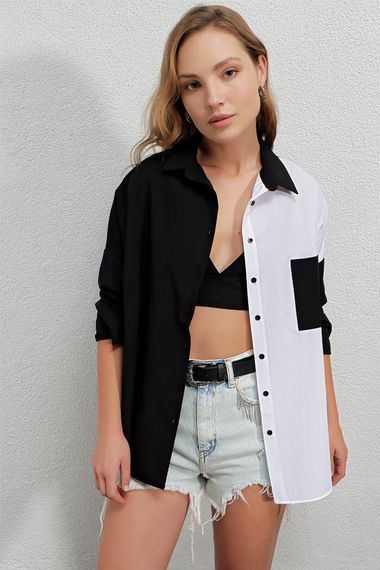 Kadın Siyah Beyaz Renk Bloklu Poplin Basic Gömlek HZL22S-BD1201161 - fotoğraf 1
